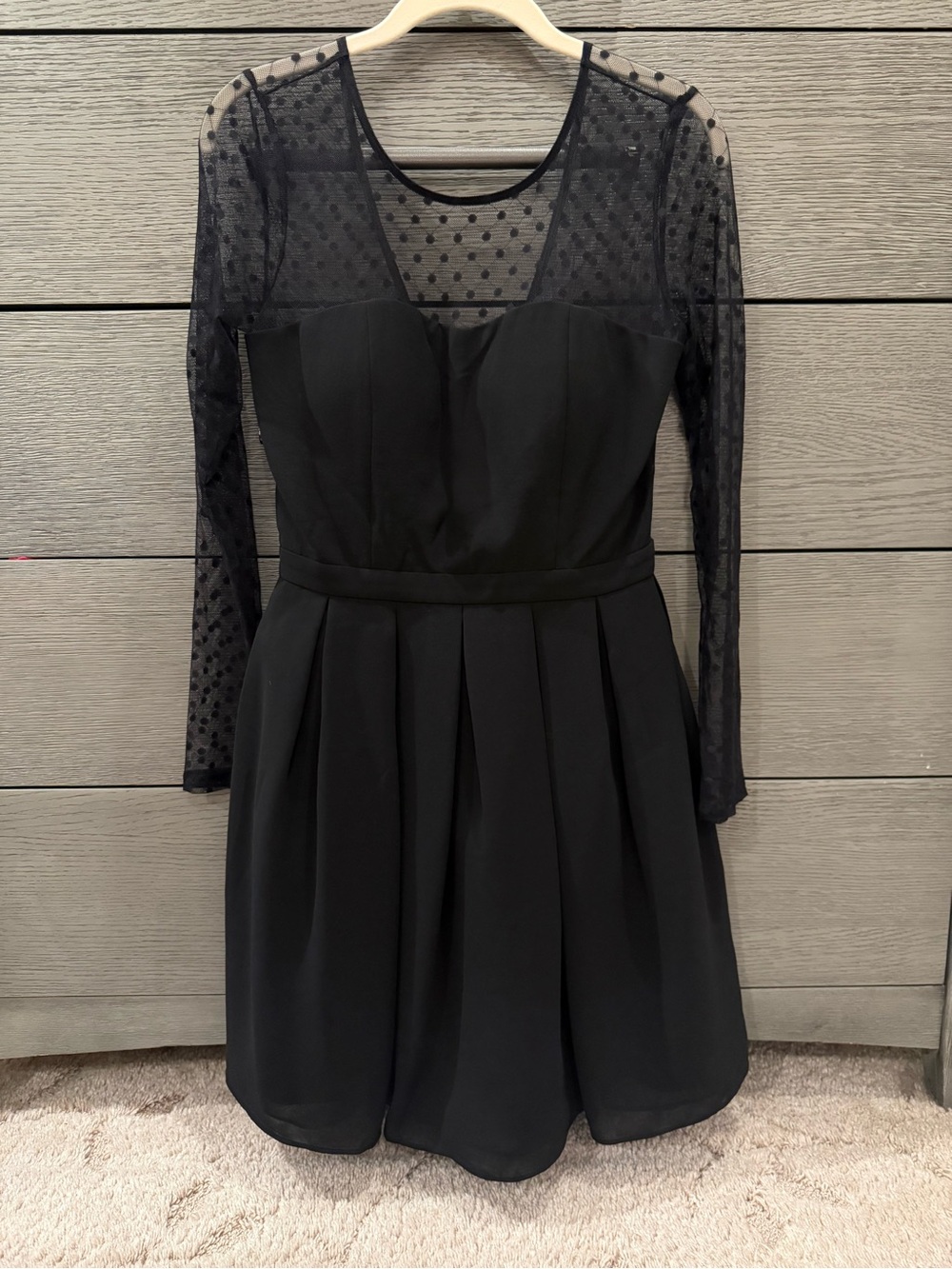 Minuet Petite Black Long-Sleeve Polka Dot Mesh Fit & Flare Dress